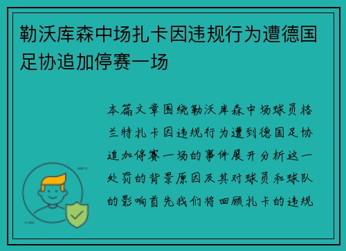 勒沃库森中场扎卡因违规行为遭德国足协追加停赛一场